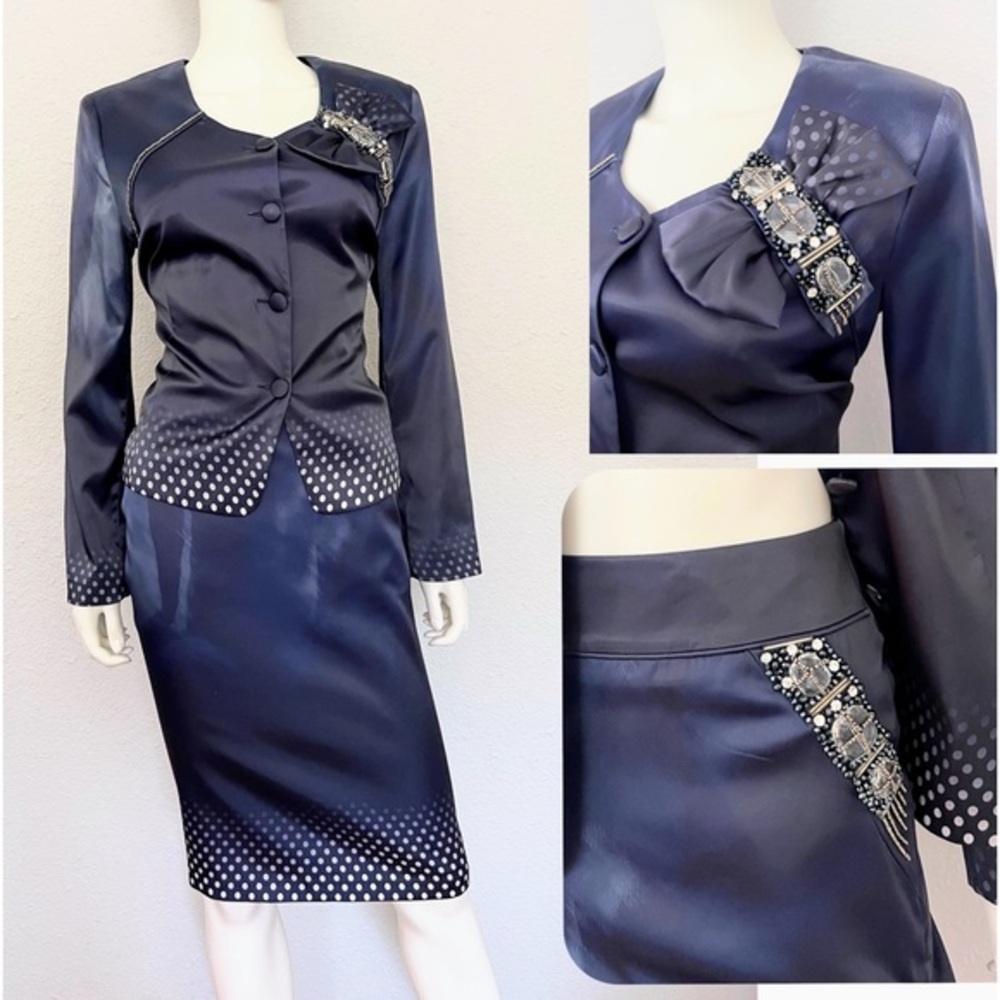 SALE🔥NWT WOMEN SATIN SKIRT‎ SUIT LONG SLEEVES LINED BLAZER/KNEE-LENGTH SKIRT
